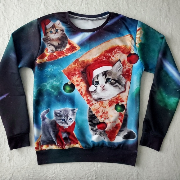Cats & Pizza Blue Christmas Holiday Sweatshirt, Size Medium/ Large - Picture 6 of 12